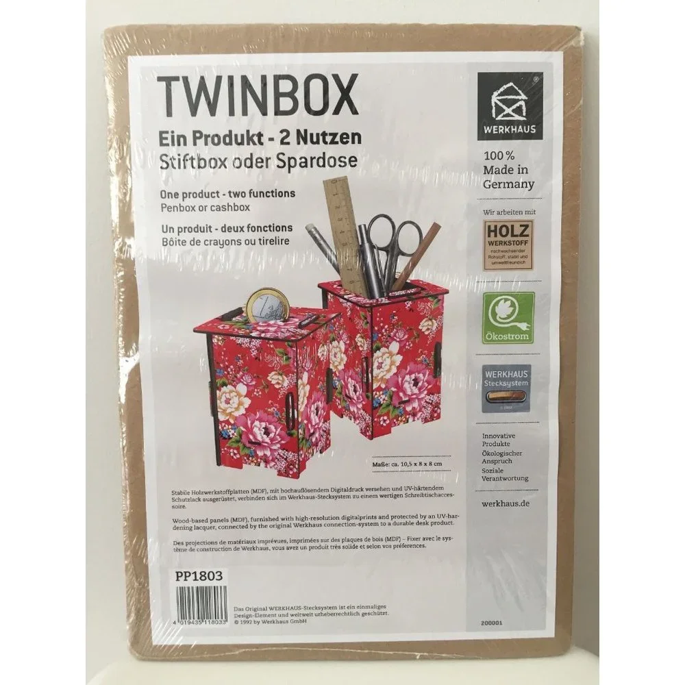 Werkhaus Twinbox Pen Holder Cup Piggy Bank DIY Wood Red Floral Cottage Germany